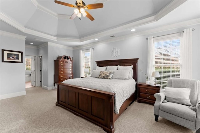 bedroom featuring recessed lighting, visible vents, baseboards, a raised ceiling, and crown molding