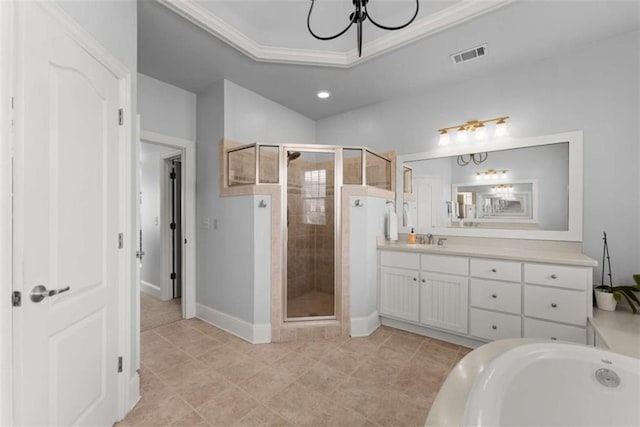 bathroom featuring a raised ceiling, visible vents, ornamental molding, a shower stall, and vanity