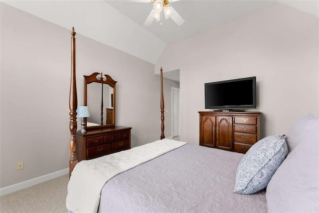 bedroom featuring lofted ceiling, light colored carpet, ceiling fan, and baseboards