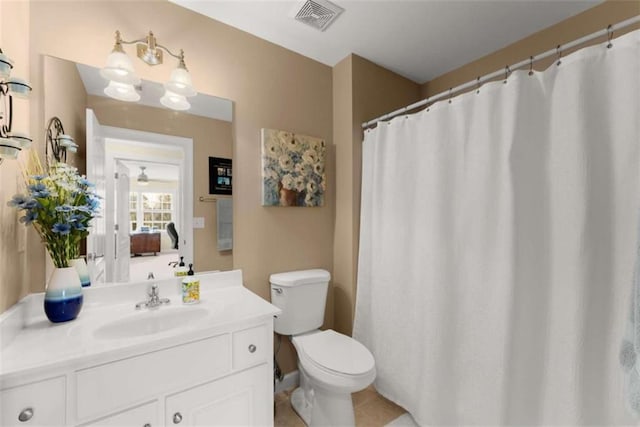 full bath with toilet, vanity, and visible vents