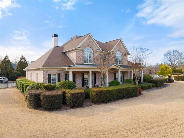 view of front of home featuring brick siding, fence, and a chimney