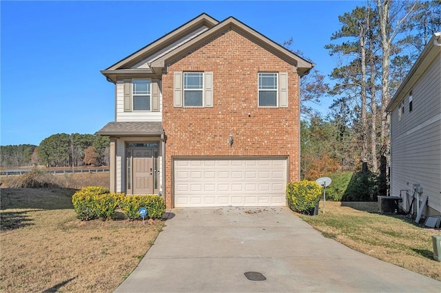 view of property featuring central AC, a garage, and a front lawn