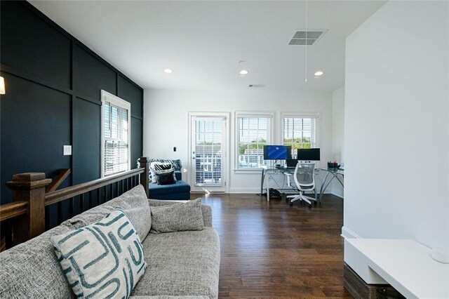 6666 Sterling Dr, Sandy Springs, GA 30328 - office area featuring dark wood-style floors, healthy amount of natural light, recessed lighting, and baseboards