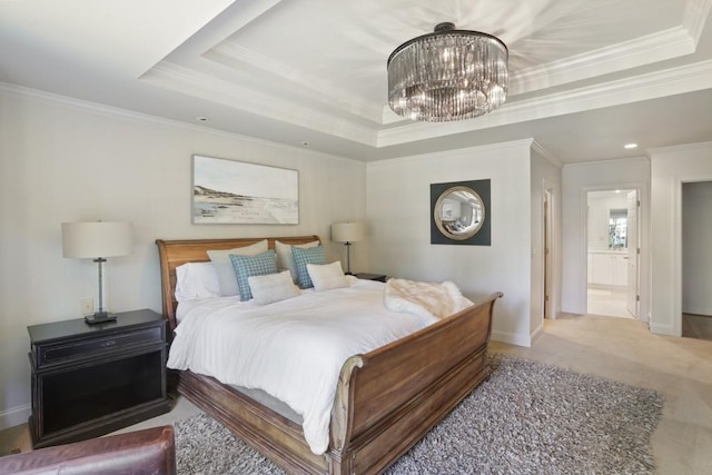 carpeted bedroom with an inviting chandelier, a raised ceiling, crown molding, and baseboards