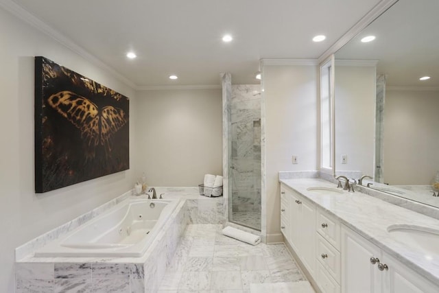 full bathroom featuring crown molding, a jetted tub, double vanity, and a stall shower