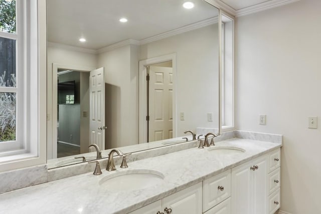 bathroom featuring a sink, ornamental molding, and double vanity