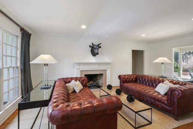 living area with a high end fireplace, crown molding, and wood finished floors