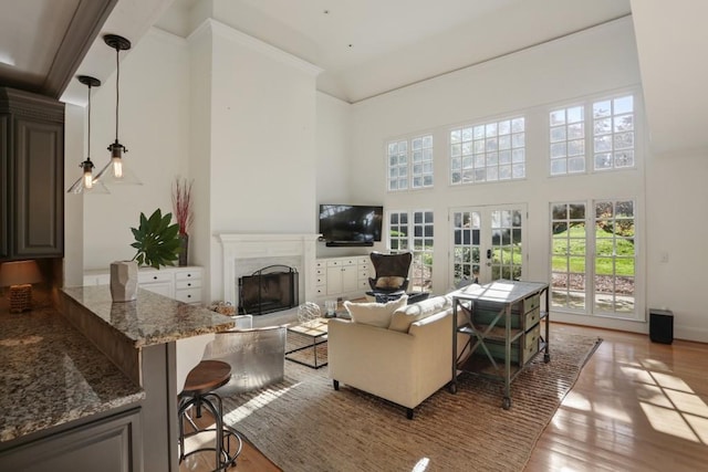 living room with baseboards, a premium fireplace, french doors, a towering ceiling, and light wood-type flooring