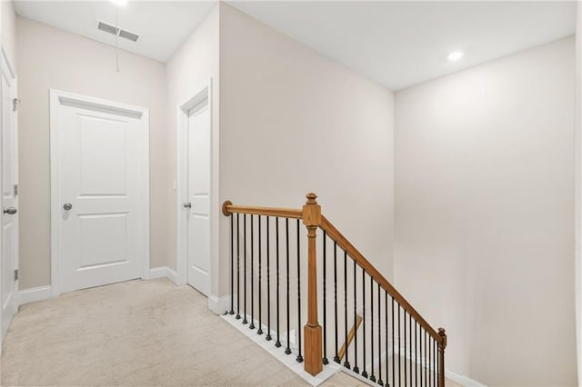 4110 Morgan Elizabeth Way, Cumming, GA 30041 - hall featuring an upstairs landing, carpet floors, baseboards, attic access, and recessed lighting