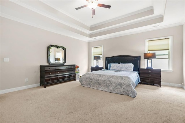 4110 Morgan Elizabeth Way, Cumming, GA 30041 - carpeted bedroom featuring a tray ceiling, crown molding, baseboards, and a ceiling fan