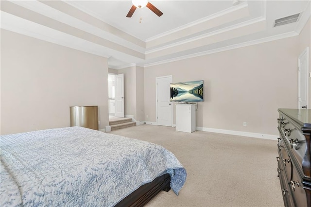4110 Morgan Elizabeth Way, Cumming, GA 30041 - bedroom featuring light carpet, crown molding, a raised ceiling, baseboards, and a ceiling fan