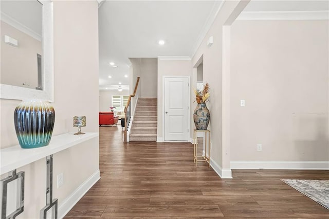 4110 Morgan Elizabeth Way, Cumming, GA 30041 - corridor featuring crown molding, stairs, baseboards, dark wood finished floors, and recessed lighting
