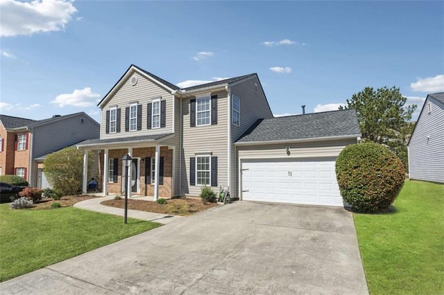 view of front of property featuring a porch, an attached garage, driveway, and a front lawn