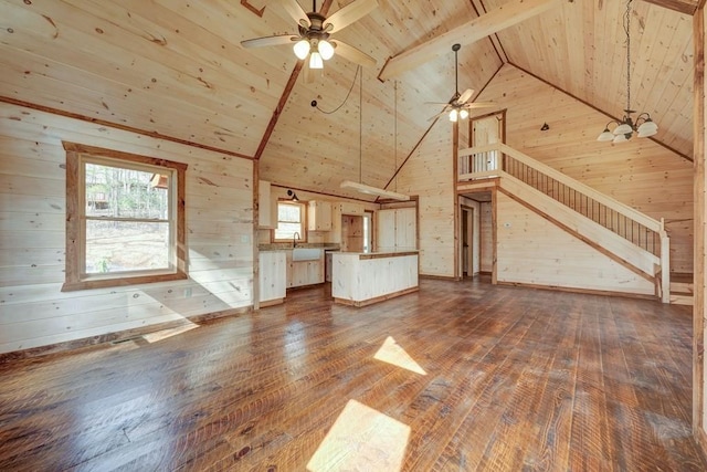 unfurnished living room with dark wood-type flooring, wooden ceiling, wooden walls, and ceiling fan