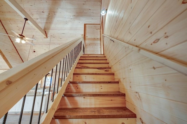 staircase featuring wood ceiling, wood walls, and ceiling fan