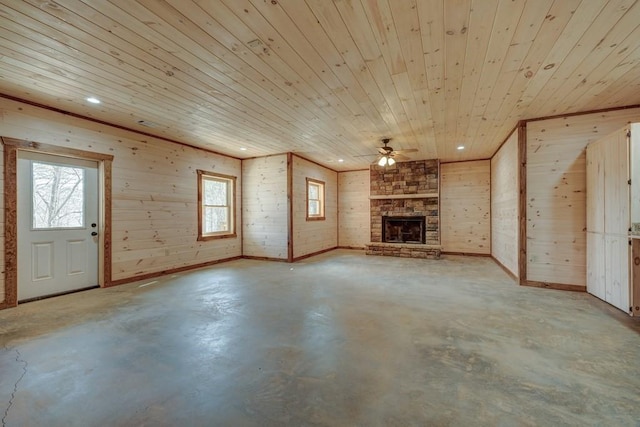unfurnished living room featuring recessed lighting, a fireplace, a ceiling fan, finished concrete floors, and wood ceiling