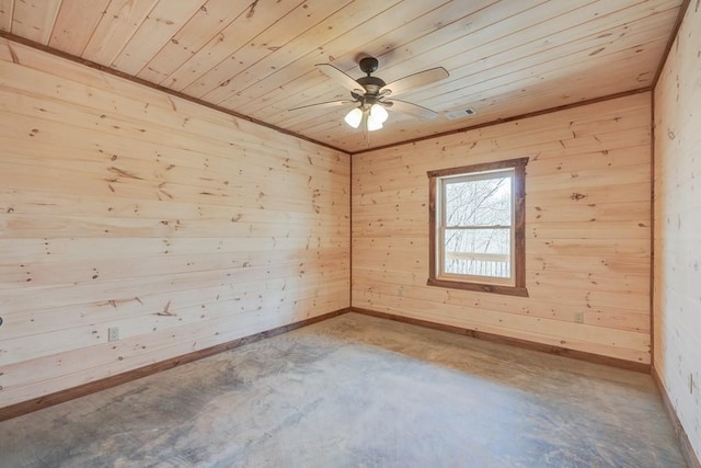 spare room featuring wooden ceiling, wood walls, unfinished concrete flooring, and a ceiling fan