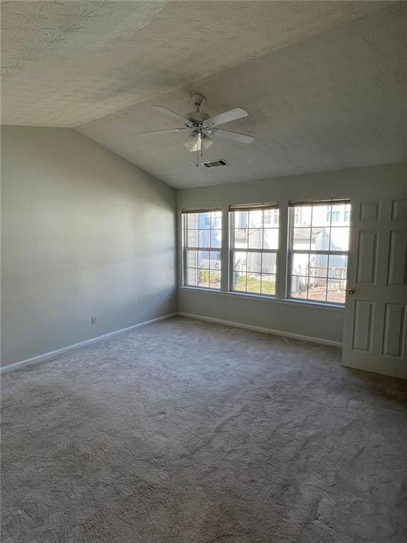 carpeted empty room with lofted ceiling, a healthy amount of sunlight, and a textured ceiling