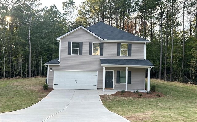 836 Courthouse Park Dr, Temple, GA 30179 - traditional home featuring concrete driveway, a garage, a front lawn, and a porch