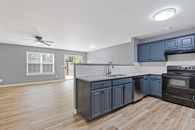 2183 Miranda Dr, Morrow, GA 30260 - kitchen with black range with electric stovetop, dishwasher, under cabinet range hood, a peninsula, and a ceiling fan