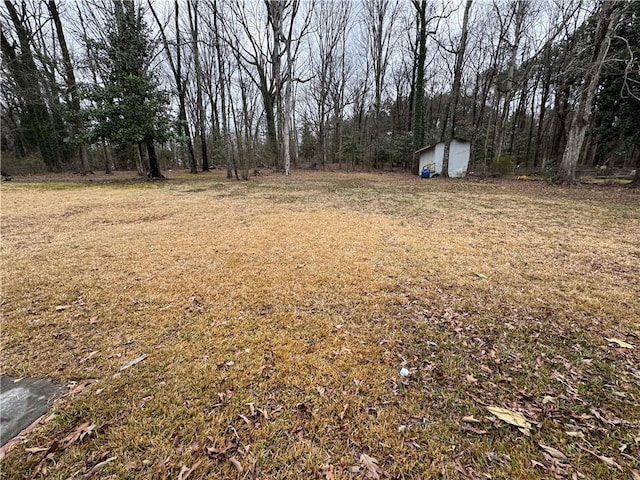 view of yard with a storage shed, a forest view, and an outdoor structure