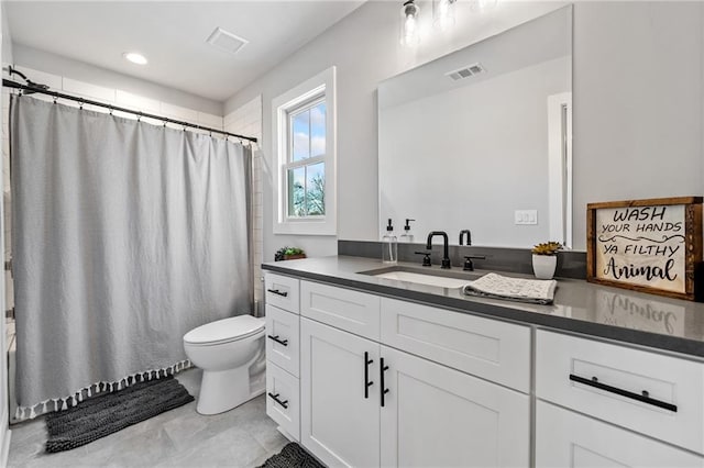 full bathroom featuring toilet, vanity, and shower / bathtub combination with curtain