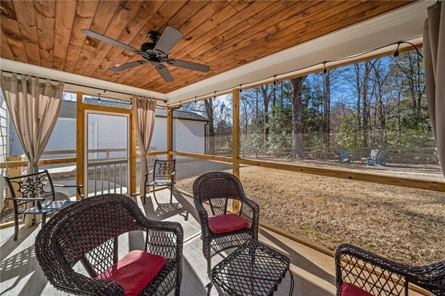 sunroom / solarium featuring ceiling fan and wooden ceiling