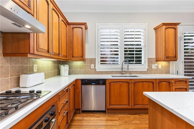 kitchen with appliances with stainless steel finishes, sink, decorative backsplash, ornamental molding, and light wood-type flooring