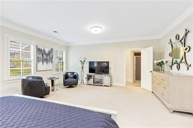 carpeted bedroom featuring crown molding