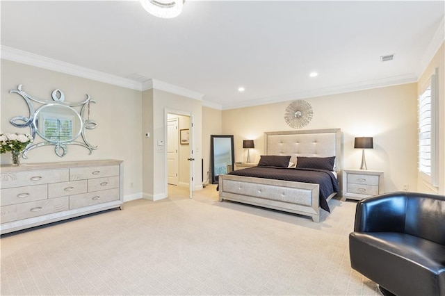 carpeted bedroom with ornamental molding