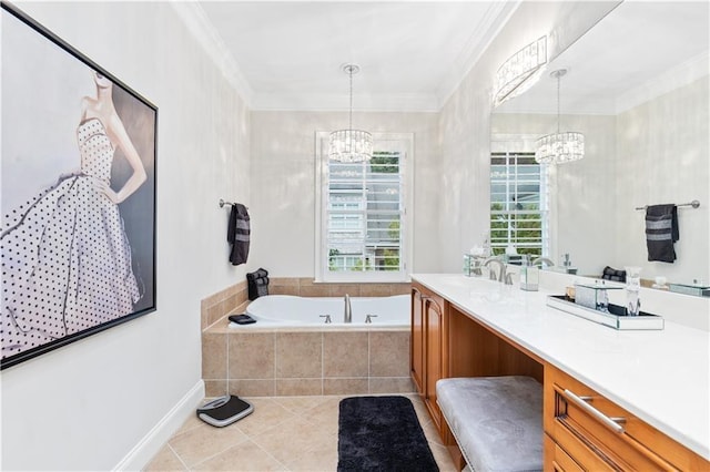 bathroom with tiled tub, crown molding, tile patterned flooring, vanity, and a chandelier