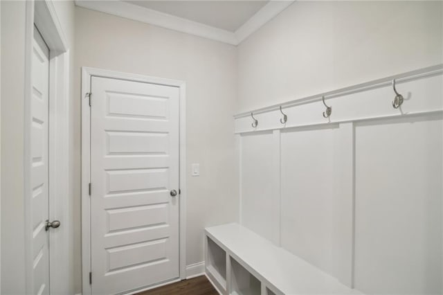 mudroom featuring dark hardwood / wood-style flooring and ornamental molding