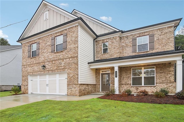 craftsman inspired home with a garage and a front lawn