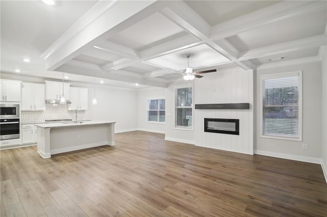 unfurnished living room with light hardwood / wood-style flooring, plenty of natural light, and ceiling fan