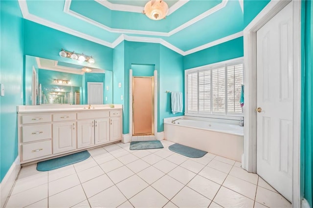 bathroom featuring tile patterned flooring, vanity, plus walk in shower, and lofted ceiling