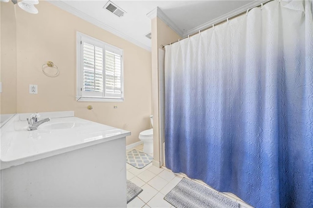 bathroom with tile patterned floors, toilet, ornamental molding, and sink