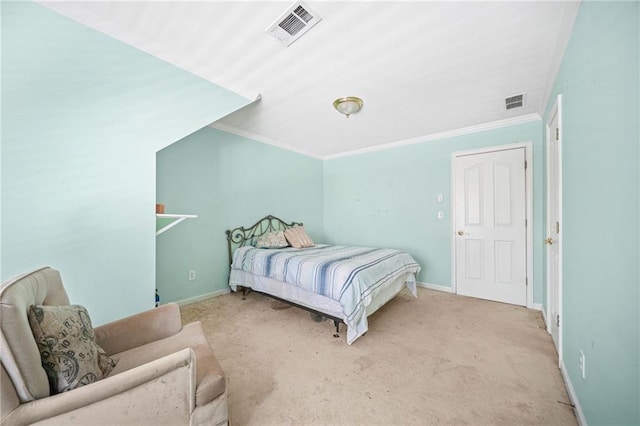 carpeted bedroom featuring crown molding