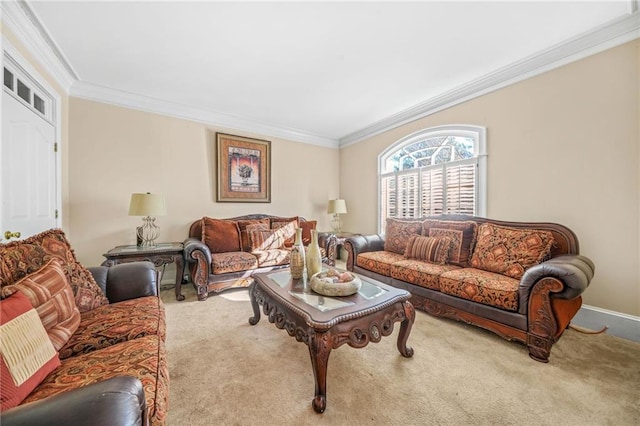 carpeted living room with crown molding