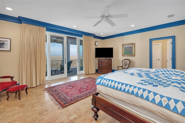 bedroom with crown molding, ceiling fan, access to exterior, and french doors