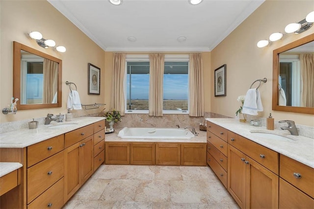 bathroom featuring vanity, a tub to relax in, and ornamental molding