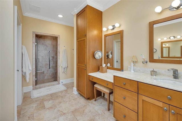 bathroom with crown molding, vanity, and an enclosed shower