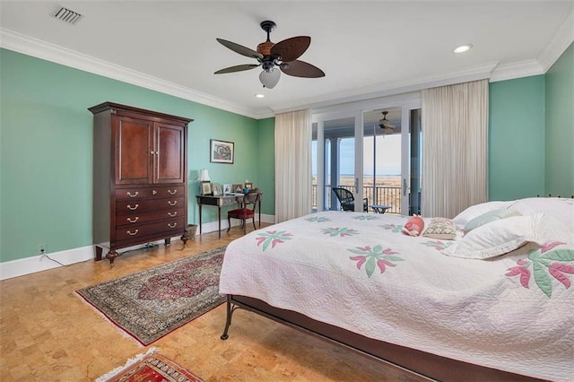 bedroom featuring ceiling fan, ornamental molding, and access to outside