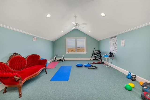 workout area with carpet floors, crown molding, vaulted ceiling, and ceiling fan