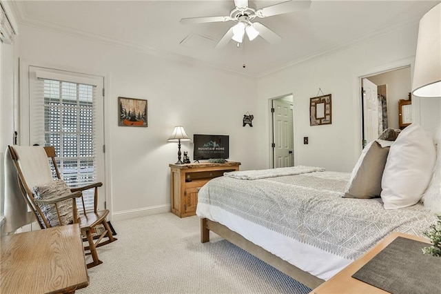 bedroom featuring light colored carpet, ceiling fan, and crown molding