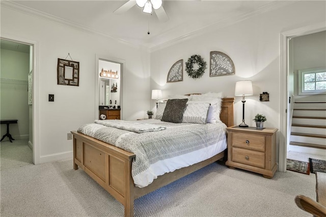 carpeted bedroom featuring a walk in closet, ornamental molding, ceiling fan, connected bathroom, and a closet