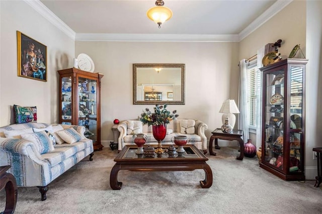 living room featuring crown molding and carpet floors