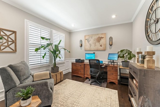 home office featuring dark wood-style floors, crown molding, wainscoting, and recessed lighting