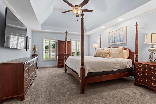 121 Clipper Bay Dr, Alpharetta, GA 30005 - bedroom featuring a tray ceiling, carpet floors, a ceiling fan, and recessed lighting