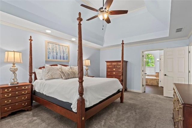 121 Clipper Bay Dr, Alpharetta, GA 30005 - bedroom featuring a raised ceiling, carpet, connected bathroom, recessed lighting, and crown molding