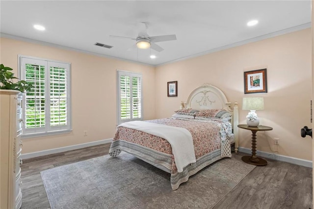 121 Clipper Bay Dr, Alpharetta, GA 30005 - bedroom featuring multiple windows, wood finished floors, ornamental molding, a ceiling fan, and recessed lighting